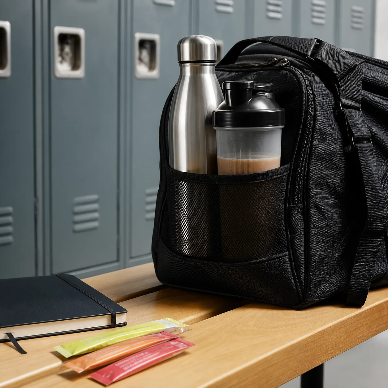 School gym bag hydration pocket with water bottle and shaker