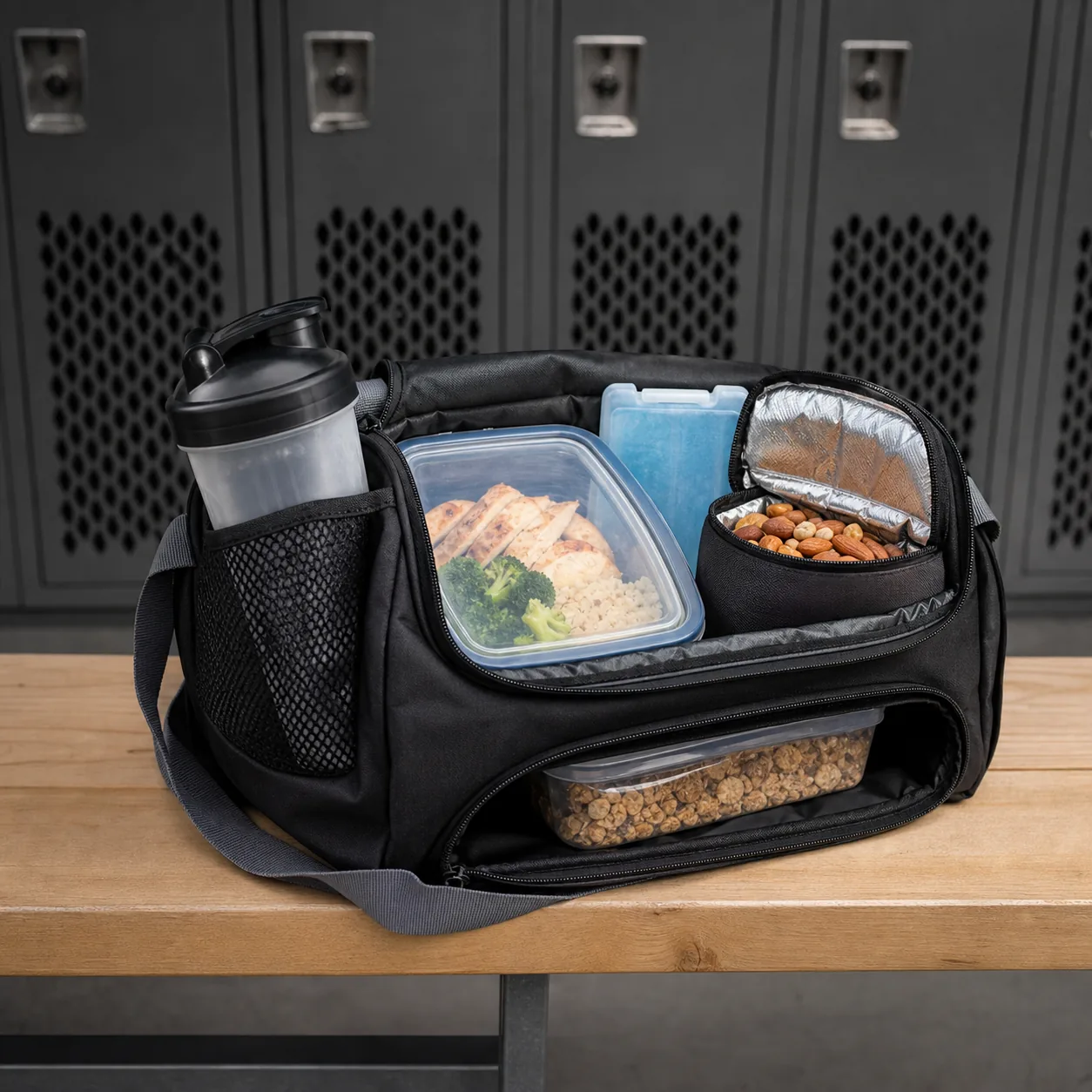 Gym bag packed with post workout nutrition and insulated food pocket