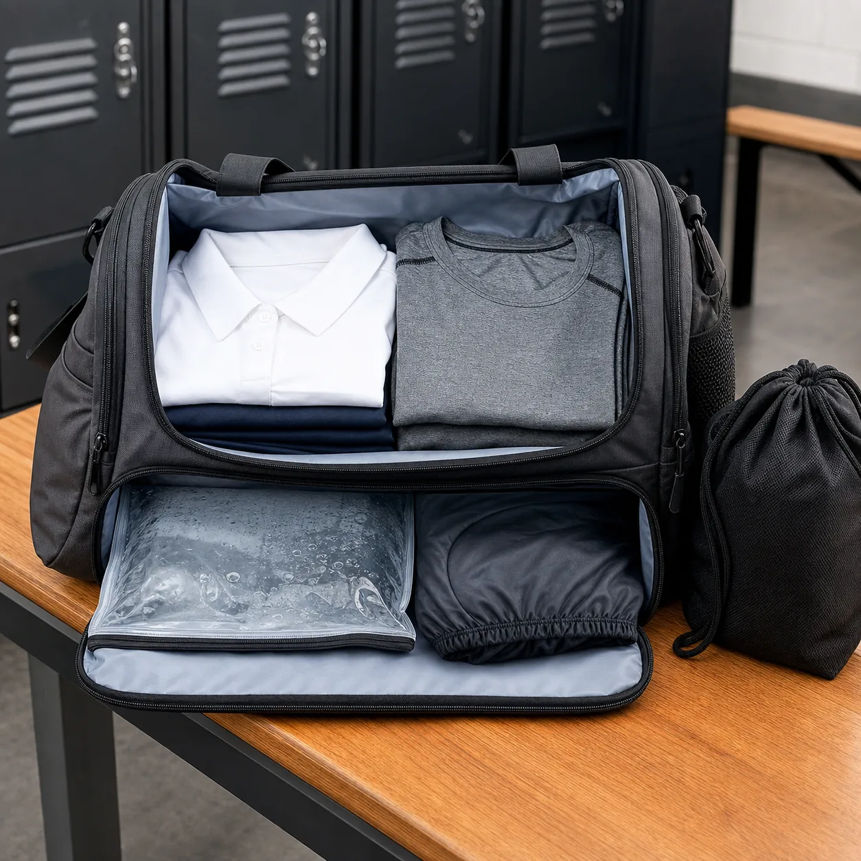 Gym bag for school with clean clothes compartment and wet dry storage