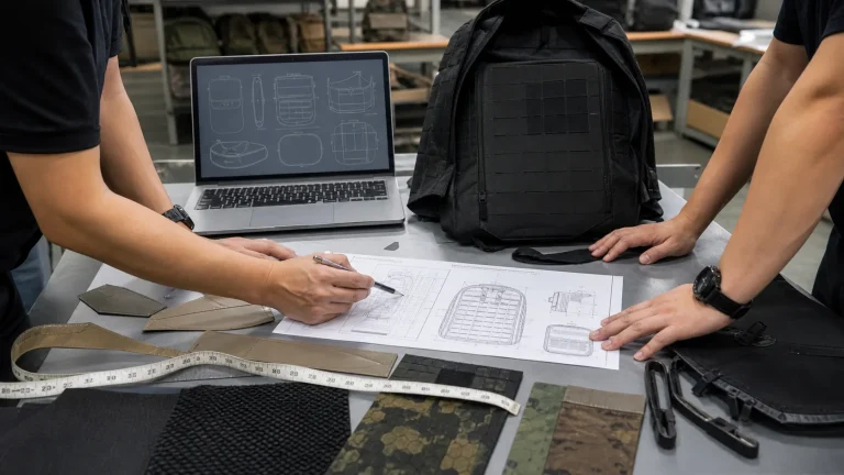Factory team reviewing a tactical backpack CAD blueprint with sample materials