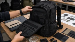 Business buyer inspecting an EDC tactical backpack sample and compartments