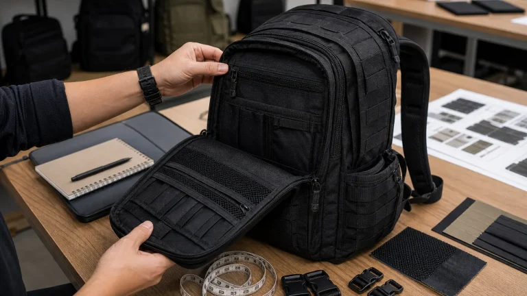 Business buyer inspecting an EDC tactical backpack sample and compartments