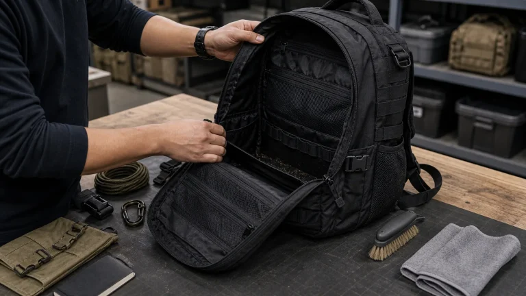 Tactical backpack opened for pocket inspection before cleaning