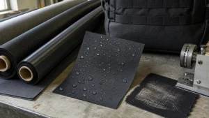 Tactical backpack fabrics undergoing water-resistance and abrasion inspection