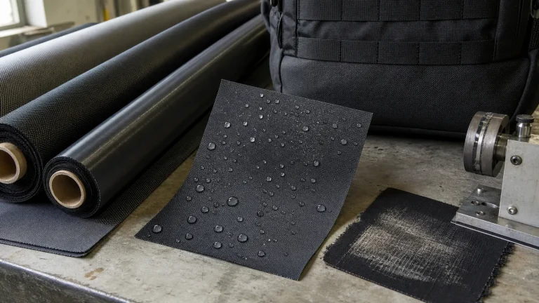 Tactical backpack fabrics undergoing water-resistance and abrasion inspection
