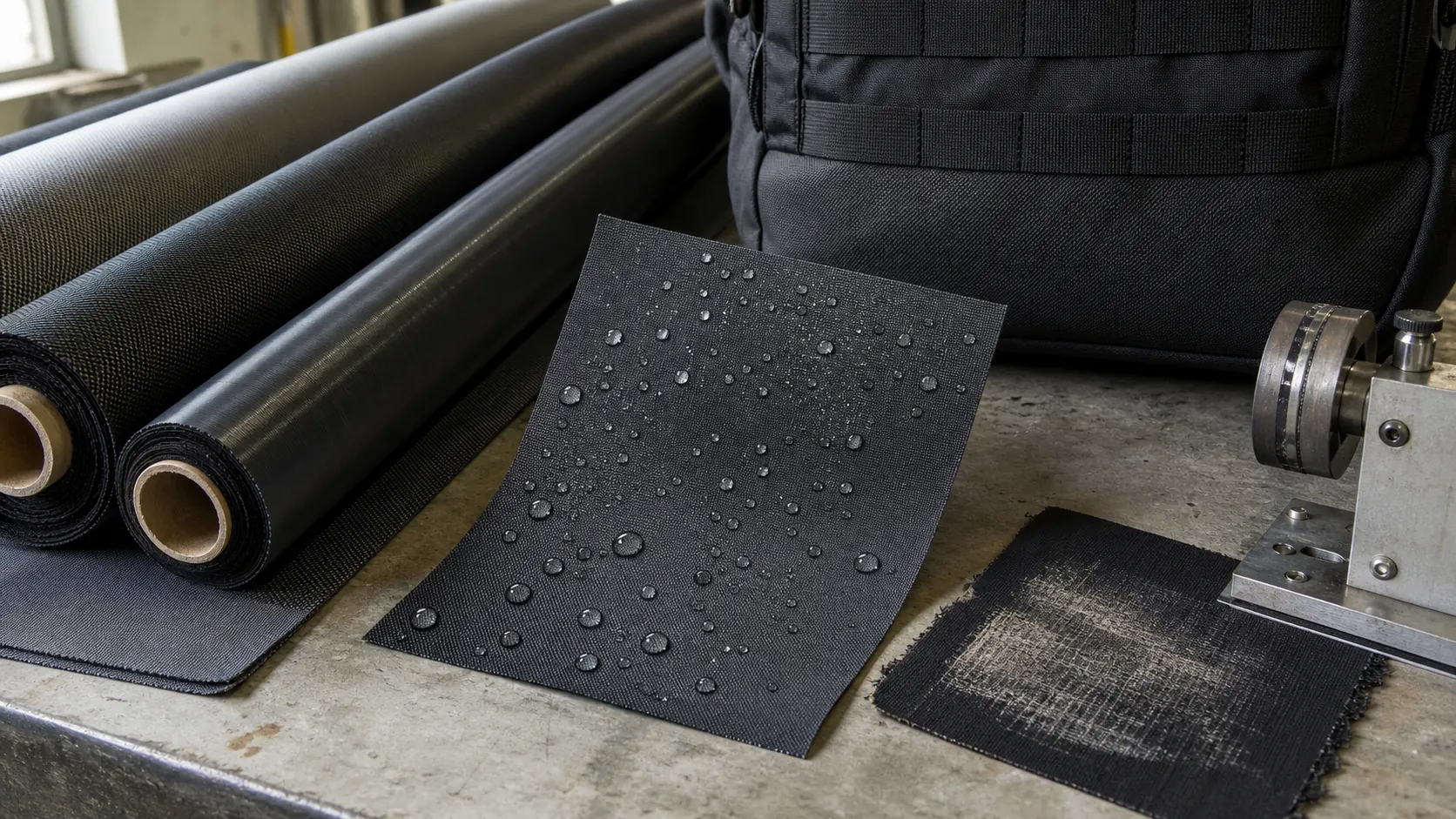 Tactical backpack fabrics undergoing water-resistance and abrasion inspection