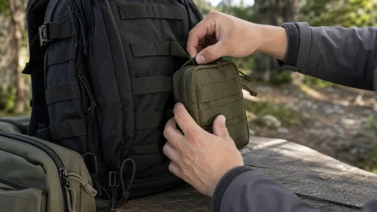 Utility pouch attached to loops on a tactical backpack