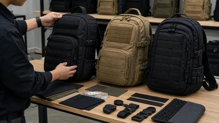 Buyer comparing tactical backpack samples, fabrics and hardware