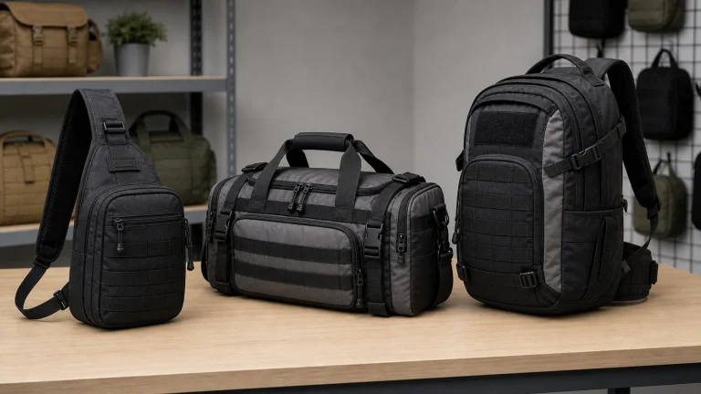 Comparison of tactical bags and tactical backpacks in a product sample room