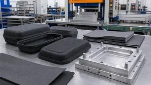 Thermoformed EVA case shells and aluminum molds on a factory production table