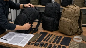 Buyer reviewing tactical backpack samples, fabrics, zippers and hardware