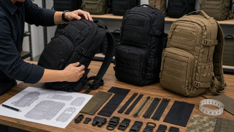 Buyer reviewing tactical backpack samples, fabrics, zippers and hardware