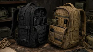 Tactical backpack with MOLLE webbing and organized compartments