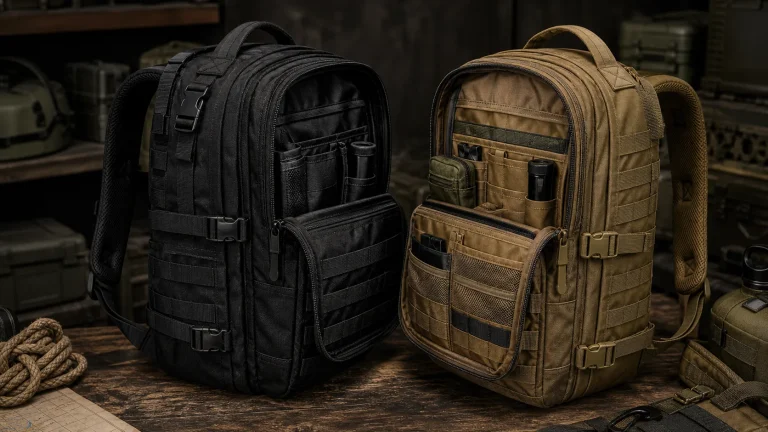 Tactical backpack with MOLLE webbing and organized compartments