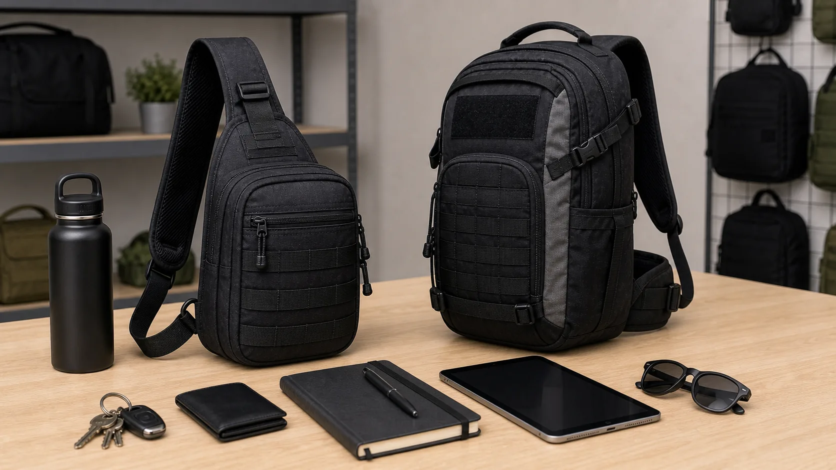 Tactical bag and backpack with organized daily carry items