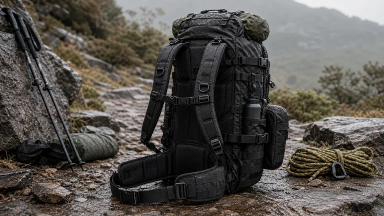 Tactical backpack for heavy field use with load-bearing harness
