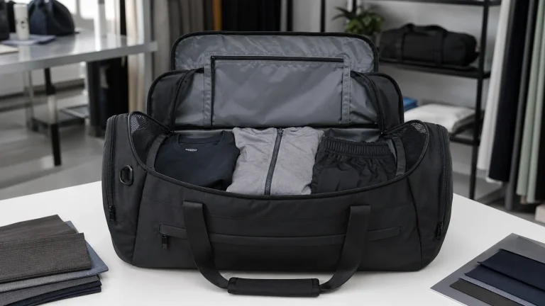 What should be in gym bag with folded workout clothes and organized main compartment