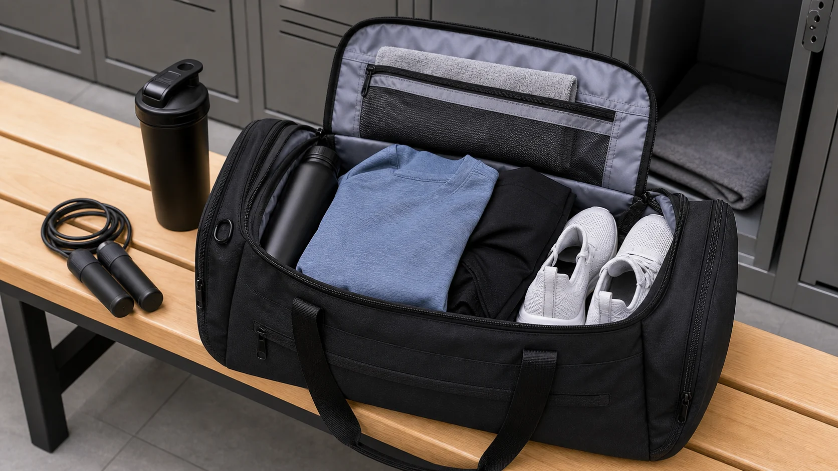 What should i keep in my gym bag with beginner workout clothes shoes and water bottle
