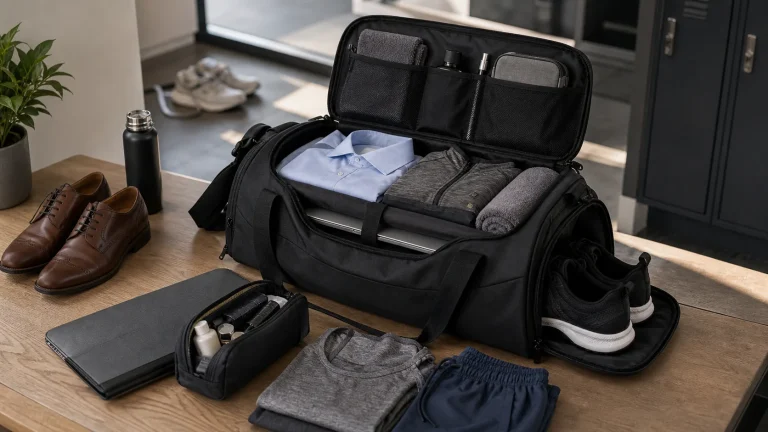 What to pack in gym bag before work with organized clothes shoes and toiletries