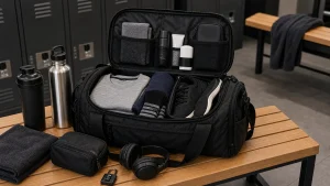 What to put in gym bag men need with organized shoes toiletries towel and workout gear