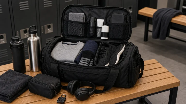 What to put in gym bag men need with organized shoes toiletries towel and workout gear