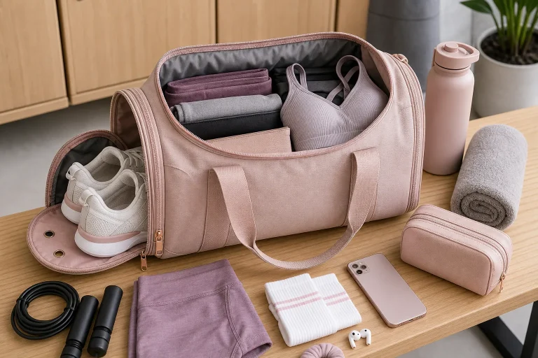 What to carry in a gym bag for a woman with organized workout gear