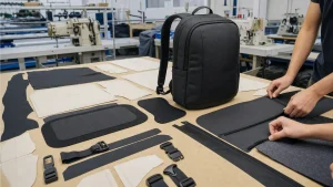 Commercial backpack pattern pieces and an assembled sample on a production worktable