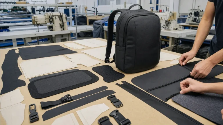 Commercial backpack pattern pieces and an assembled sample on a production worktable