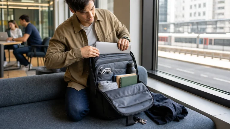 Commuter testing the fit and organization of a practical everyday backpack