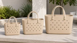 Three molded EVA tote sizes arranged for dimension comparison