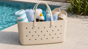 Molded EVA beach tote alternative with towels and pool gear