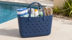 Upright molded EVA beach tote packed for outdoor use
