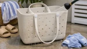 Bogg-style EVA tote being rinsed after a beach day