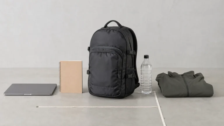 20 liter backpack shown beside a ruler and everyday carry items for scale