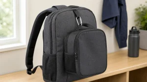 Lunch bag clipped high and close to a backpack with a sturdy carabiner
