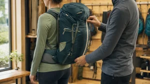 Hiker testing the torso fit and hip belt of a loaded hiking backpack