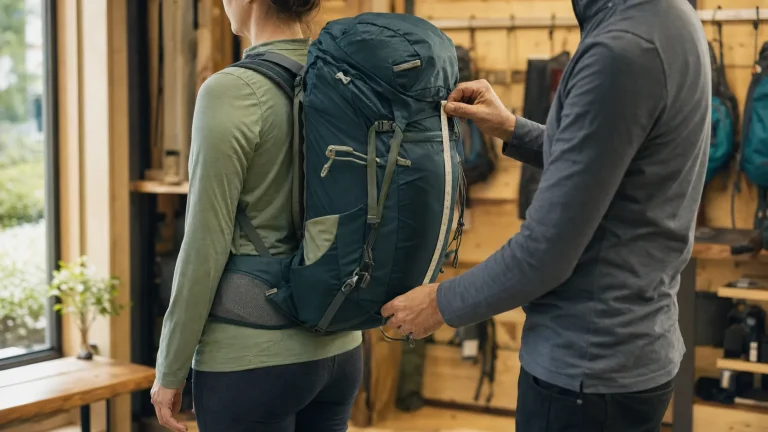 Hiker testing the torso fit and hip belt of a loaded hiking backpack