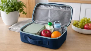 School lunch bag packed with containers to show proper size and capacity