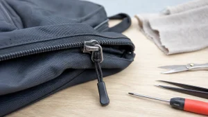 Close-up of a backpack zipper slider and teeth before repair