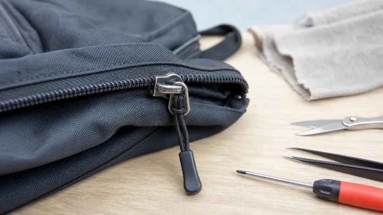 Close-up of a backpack zipper slider and teeth before repair