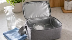 Open insulated lunch bag deodorized with baking soda on a kitchen counter