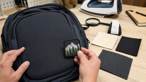 Backpack fabric and iron-on patch materials being checked before heat application
