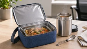 Warm lunch packed in an insulated lunch bag with a stainless food jar