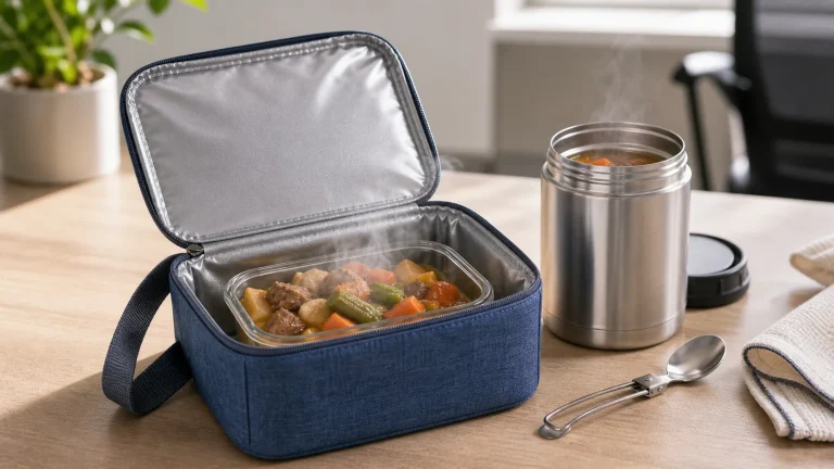 Warm lunch packed in an insulated lunch bag with a stainless food jar
