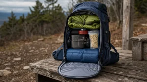 Open hiking backpack packed with balanced gear for comfortable carrying