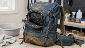 Dirty hiking backpack on a table before hand washing