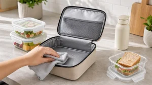 Insulated lunch bag cleaned with a soft cloth on a kitchen counter