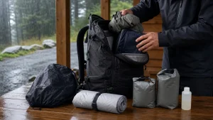 Weather-ready backpack with rain cover, internal dry bag, and protected gear