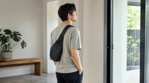 Adult commuter wearing a compact sling backpack diagonally across the torso