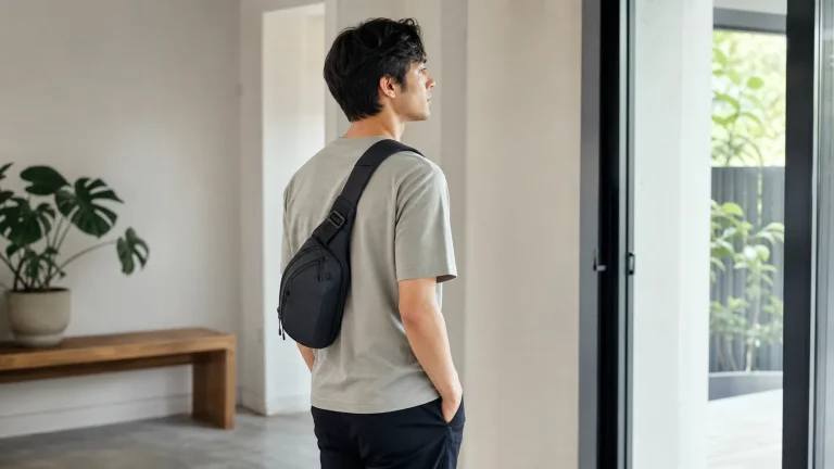 Adult commuter wearing a compact sling backpack diagonally across the torso